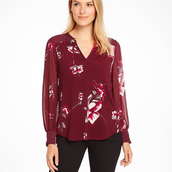 NWT White House Black Market Notch Tunic Holiday Floral Zinfandel Large #WHBM30 - Picture 1 of 9